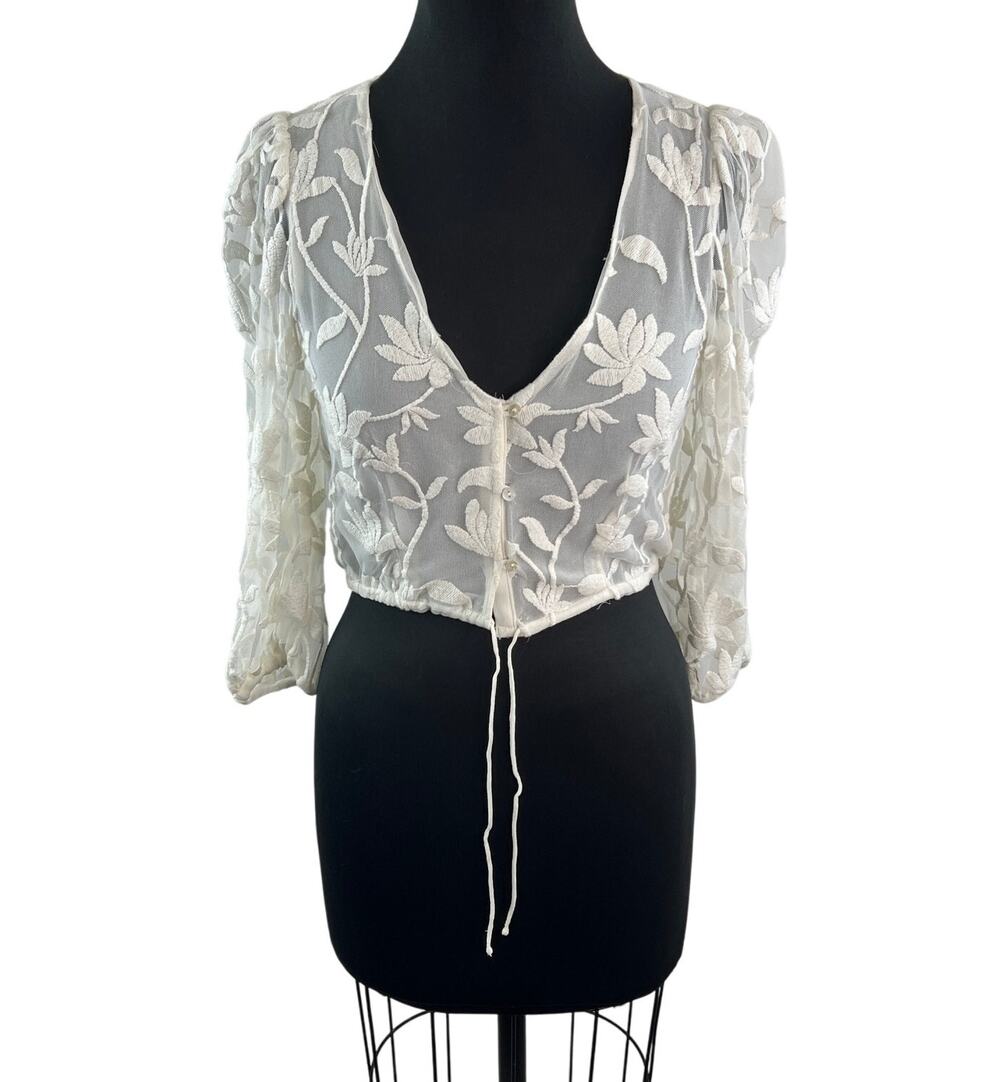 ZARA White Crop Top Sheer Floral Embroidered Plunge Neck Button Front Small NEW